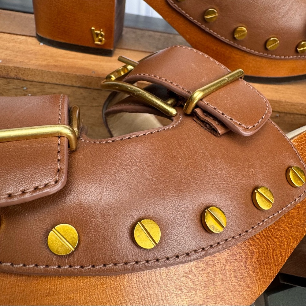 Veronica Beard Hilfax Brown Leather Double-Buckle Clog Heels Women’s Size 6.5 - Picture 4 of 11